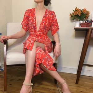 Coral Orange Red Floral Jumpsuit Open Back Low V